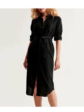Abercrombie & Fitch Black Midi Shirt Dress with Tie Waist